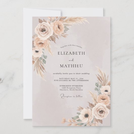 Invitation Mariage Champagne Feuillage Pampas Eucalyptus (Devant)