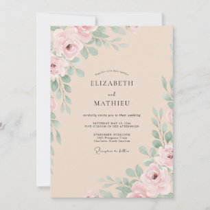 Invitation Mariage Champagne Foliage Eucalyptus Rose Tendre