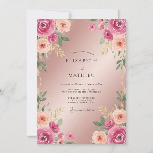 Invitation Mariage Champagne Fuchsia Ranunculus Eucalyptus (Devant)
