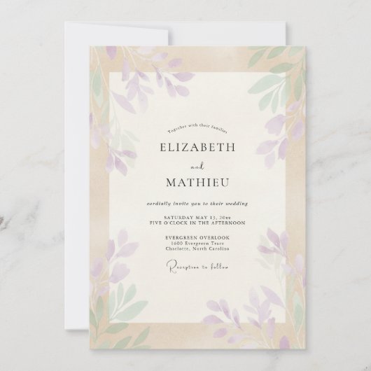 Invitation Mariage Champagne Lilas Feuillage Doux Eucalyptus (Devant)