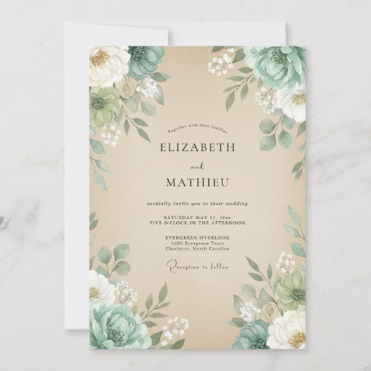 Invitation Mariage Champagne Menthe Feuillage Eucalyptus (Devant)