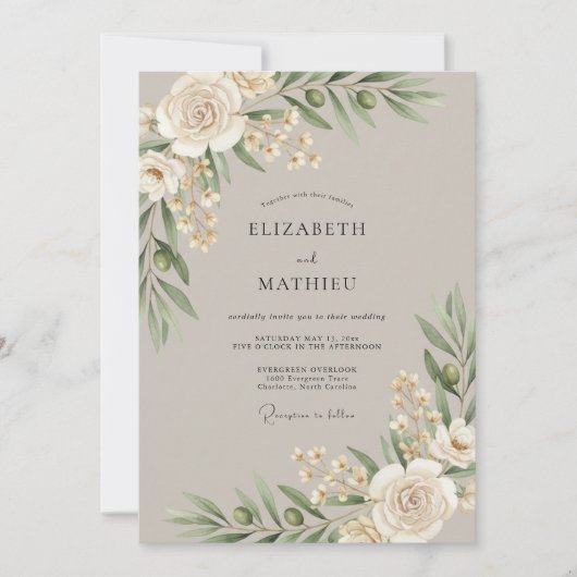 Invitation Mariage Champagne Olive Feuillue (Devant)