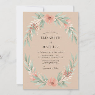 Invitation Mariage Champagne Pêche Foliage Eucalyptus