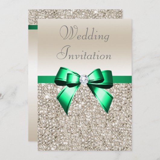 Invitation Mariage Champagne Sequins Shamrock Green Bow (Devant / Derrière)