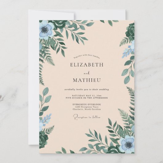 Invitation Mariage Champagne Teal Feuillage Eucalyptus (Devant)