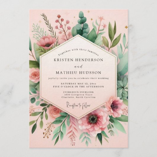 Invitation Mariage Champêtre à l'Aquarelle Rose (Devant)