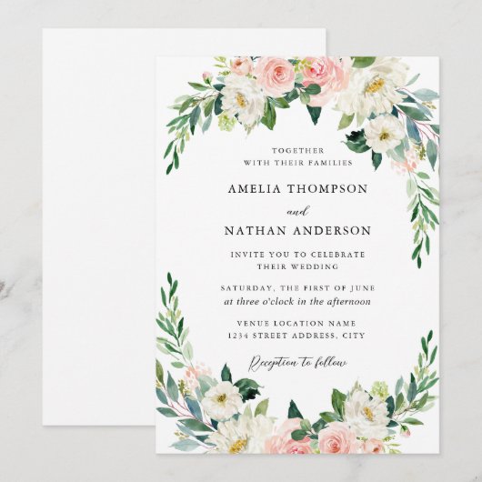Invitation Mariage Champêtre à l'Arche Florale Rose (Devant / Derrière)