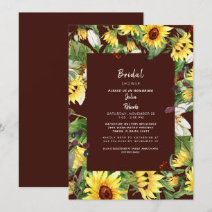 Invitation Mariage champêtre au tournesol bordeaux foncé