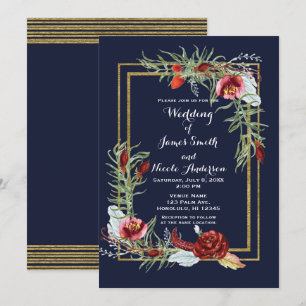 Invitation Mariage Champêtre Automnal Marsala Floral Bleu Mar
