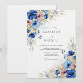 Invitation Mariage Champêtre aux Fleurs Bleues (Devant / Derrière)