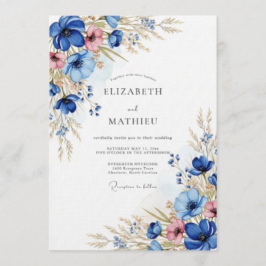Invitation Mariage Champêtre aux Fleurs Bleues (Devant)