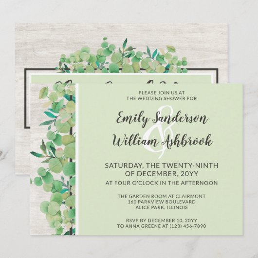 Invitation Mariage champêtre avec bois rustique et eucalyptus (Devant / Derrière)