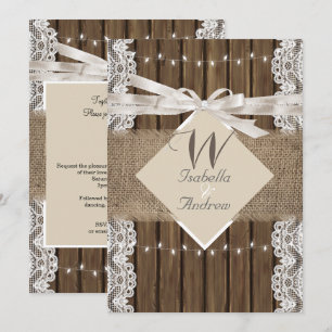 Invitation Mariage Champêtre Beige Blanc Dentelle Bois Toile