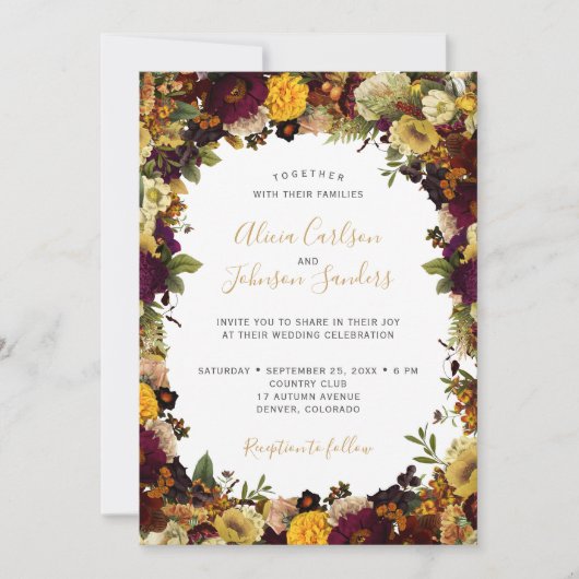 Invitation Mariage champêtre chic automnal bordeaux (Devant)