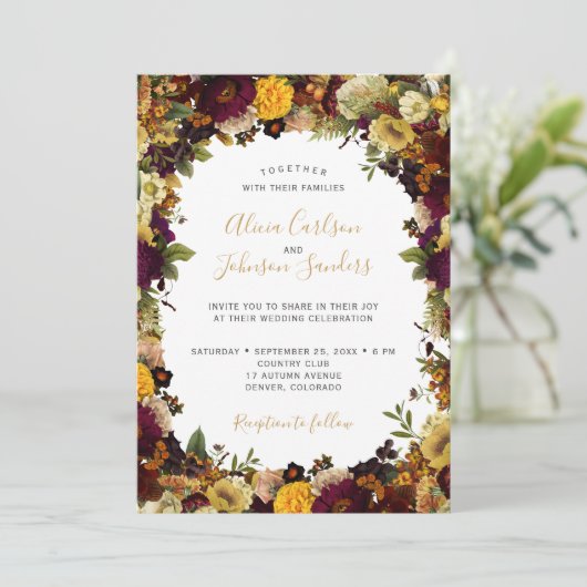 Invitation Mariage champêtre chic automnal bordeaux (Debout devant)