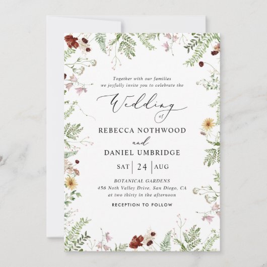 Invitation Mariage Champêtre Élégant aux Fleurs Sauvages (Devant)