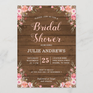Invitation Mariage Champêtre Élégant Fleurs Roses Bois Rustiq