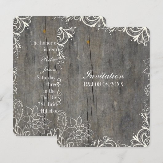 Invitation mariage champêtre en bois avec dentelle qui tourbi (Devant / Derrière)