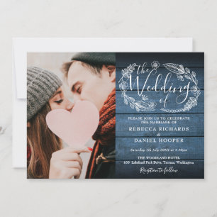 Invitation Mariage Champêtre en Bois Bleu avec Feuillage Phot
