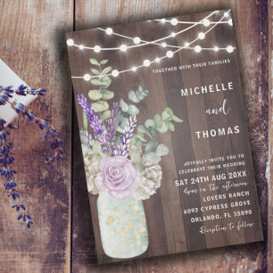 Invitation Mariage Champêtre en Bois et Pot Mason Floral