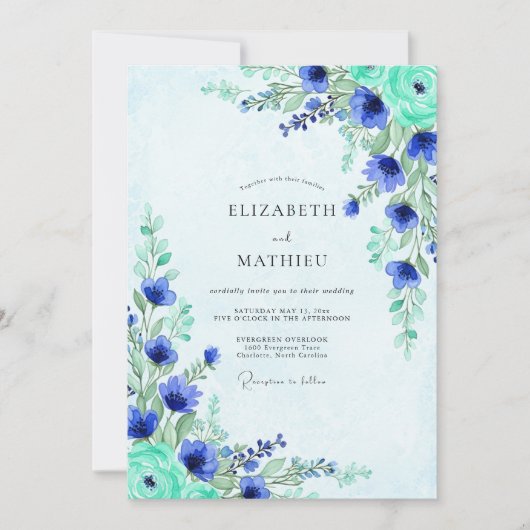 Invitation Mariage Champêtre Éthéré Bleu Cobalt (Devant)