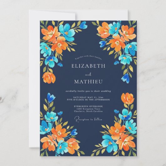 Invitation Mariage Champêtre Fleur Orange Navy (Devant)