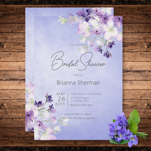 Invitation Mariage Champêtre Fleurie Aquarelle Violet