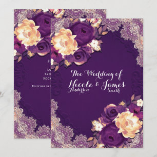 Invitation Mariage Champêtre Fleurie Dentelle Élégante Prune 