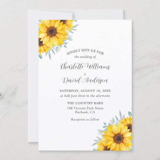 Invitation Mariage Champêtre Fleurs de Tournesol Aquarelle (Devant)