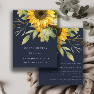 Invitation Mariage champêtre floral aquarelle Tournesol Navy