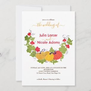 Invitation Mariage champêtre floral automnal citrouille bois