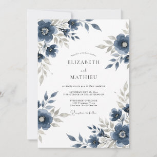 Invitation Mariage Champêtre Floral Bleu Marine