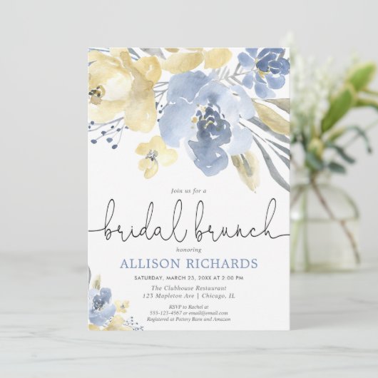 Invitation Mariage champêtre floral bleu poussiéreux et jaune (Debout devant)