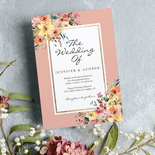 Invitation Mariage champêtre floral corail orange rose pêche