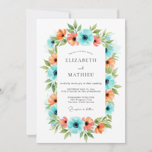 Invitation Mariage Champêtre Floral Corail Sarcelle