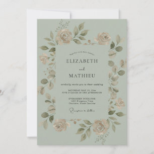 Invitation Mariage Champêtre Floral Vert Sauge