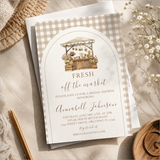 Invitation Mariage Champêtre Gingham Brun Frais du Marché