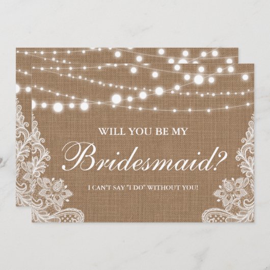 Invitation Mariage Champêtre Lumières Toile de Jute Dentelle (Devant / Derrière)