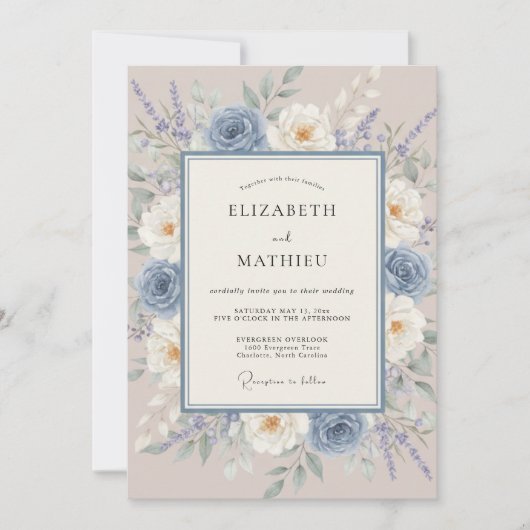 Invitation Mariage champêtre peinturluré bleu poussiéreux (Devant)