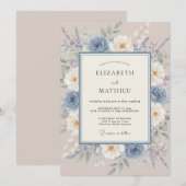 Invitation Mariage champêtre peinturluré bleu poussiéreux (Devant / Derrière)