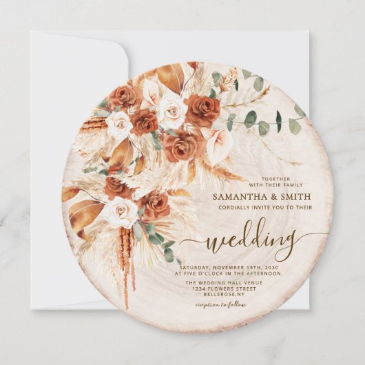 Invitation Mariage Champêtre Rond Bois Découpe Grain (Devant)