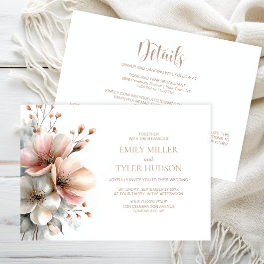 Invitation Mariage Champêtre Rose Foncé Fleurs