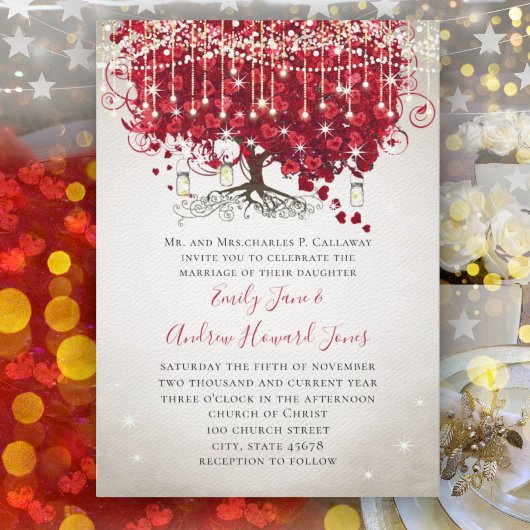 Invitation Mariage Champêtre Rustique Pot Mason Rouge & Arbre