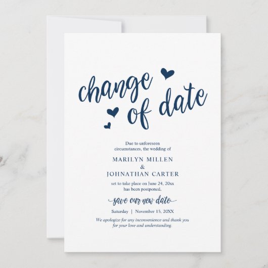 Invitation Mariage, Changement de date, Bleu marine, Annonce (Devant)