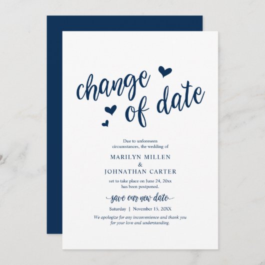 Invitation Mariage, Changement de date, bleu marine, Faire-pa (Devant / Derrière)