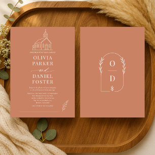 Invitation Mariage Chapelle Terracotta Dessin au Trait