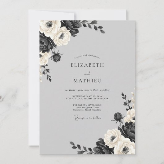Invitation Mariage Charbon Blanc Fleur (Devant)