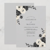 Invitation Mariage Charbon Blanc Fleur (Devant / Derrière)