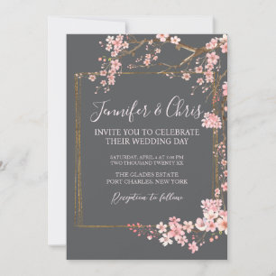 Invitation Mariage Charbon et Cerisier Rose Fleurissant