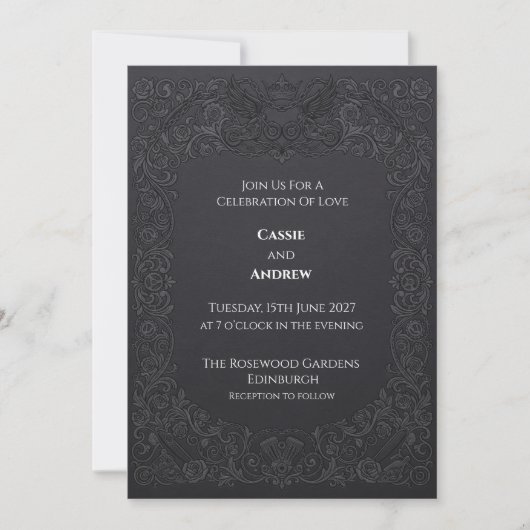 Invitation Mariage Charbon Gothique Rose Corbeau (Devant)